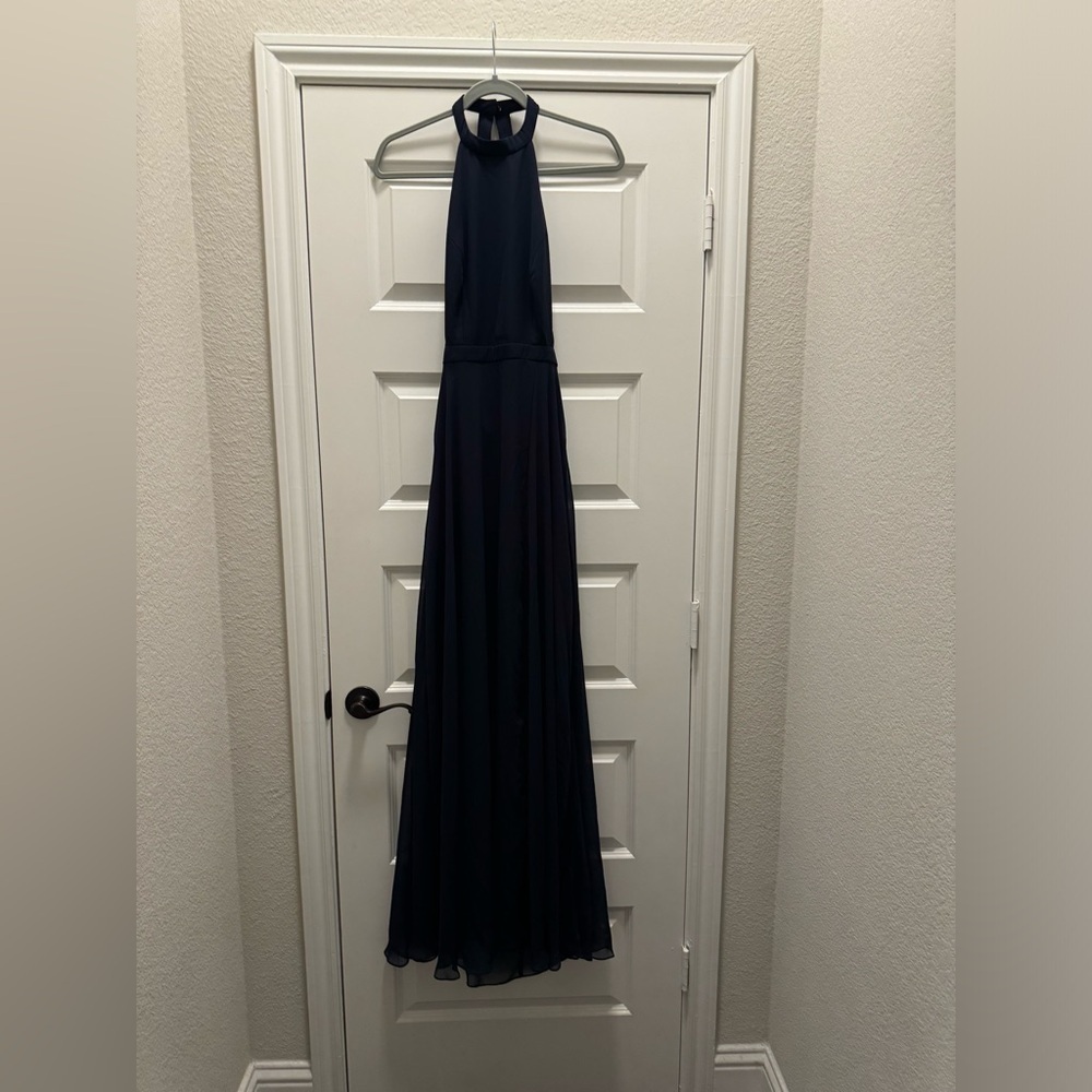 DESSY STAND COLLAR HALTER MAXI DRESS WITH CRISS CROSS OPEN-BACK IN MIDNIGHT - Picture 2 of 5